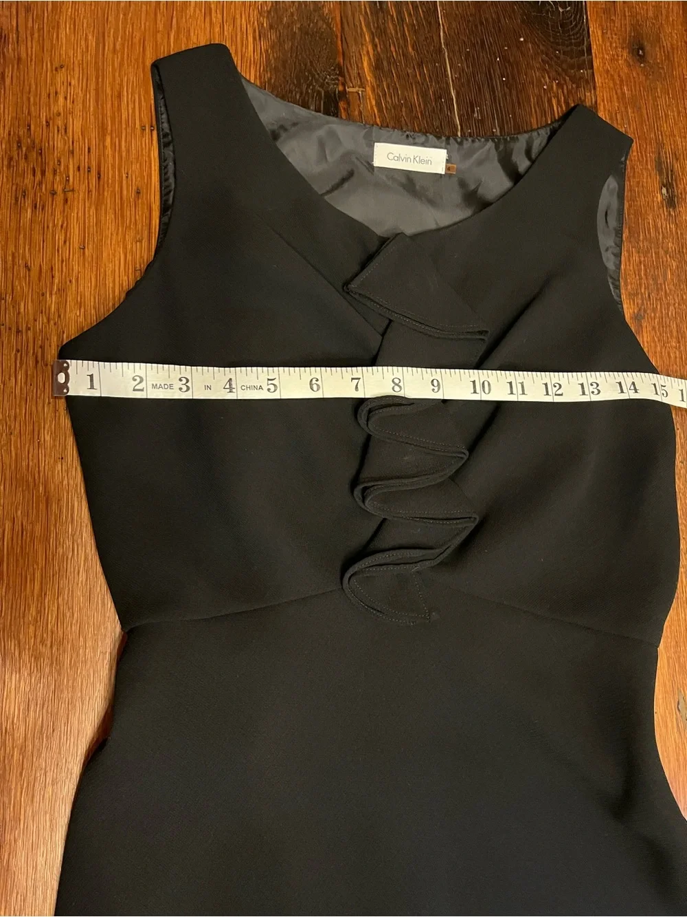 Size 4 Calvin Klein Black Knee Length Sleeveless Party Dress with Front Ruffle